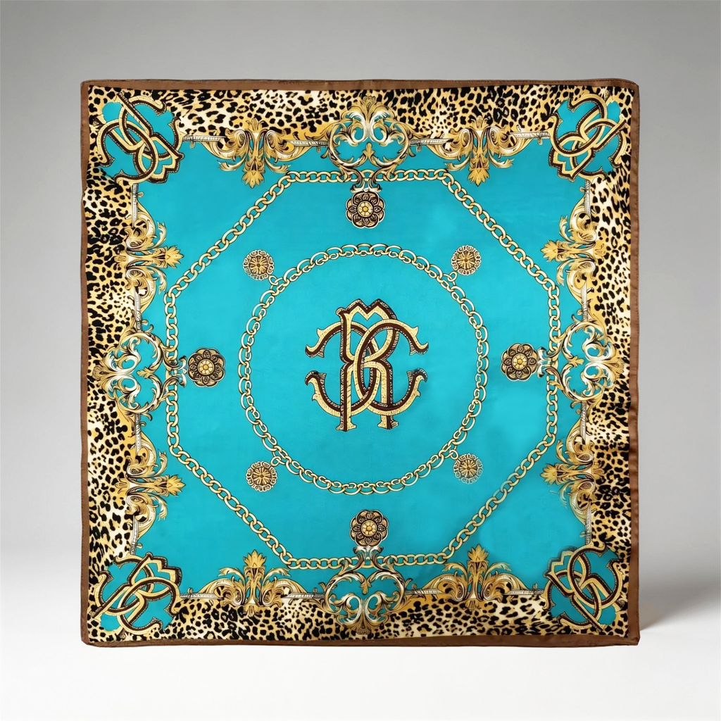 Exklusiver quadratischer Seidenschal mit Leoparden- und Barock-Logo-Muster