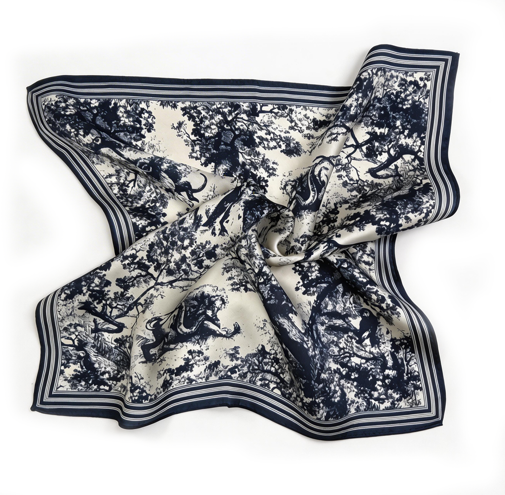 Kultiviertes Seiden-Carré mit klassischem Toile-de-Jouy-Dschungelmotiv