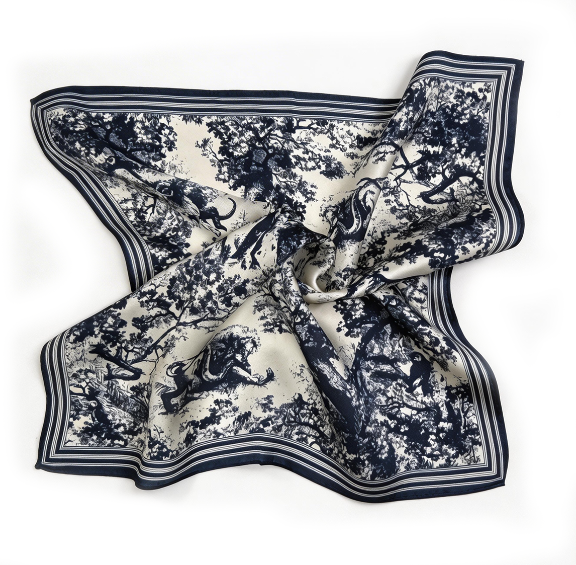 Kultiviertes Seiden-Carré mit klassischem Toile-de-Jouy-Dschungelmotiv
