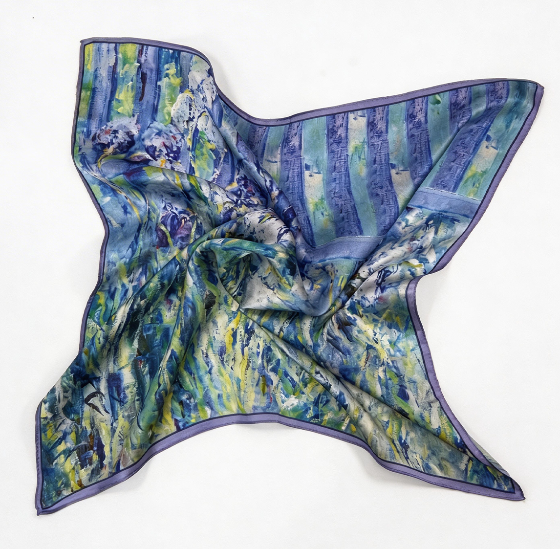 Künstlerisches Seiden-Carré mit impressionistischem Iris-Motiv