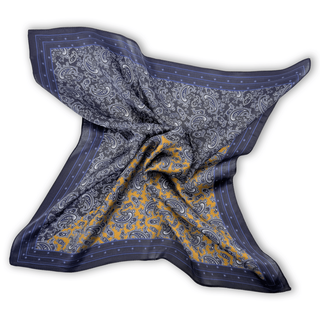 Klassisches Seiden-Carré mit Paisley- und Sternenmuster im gelb-marineblauen Colorblocking