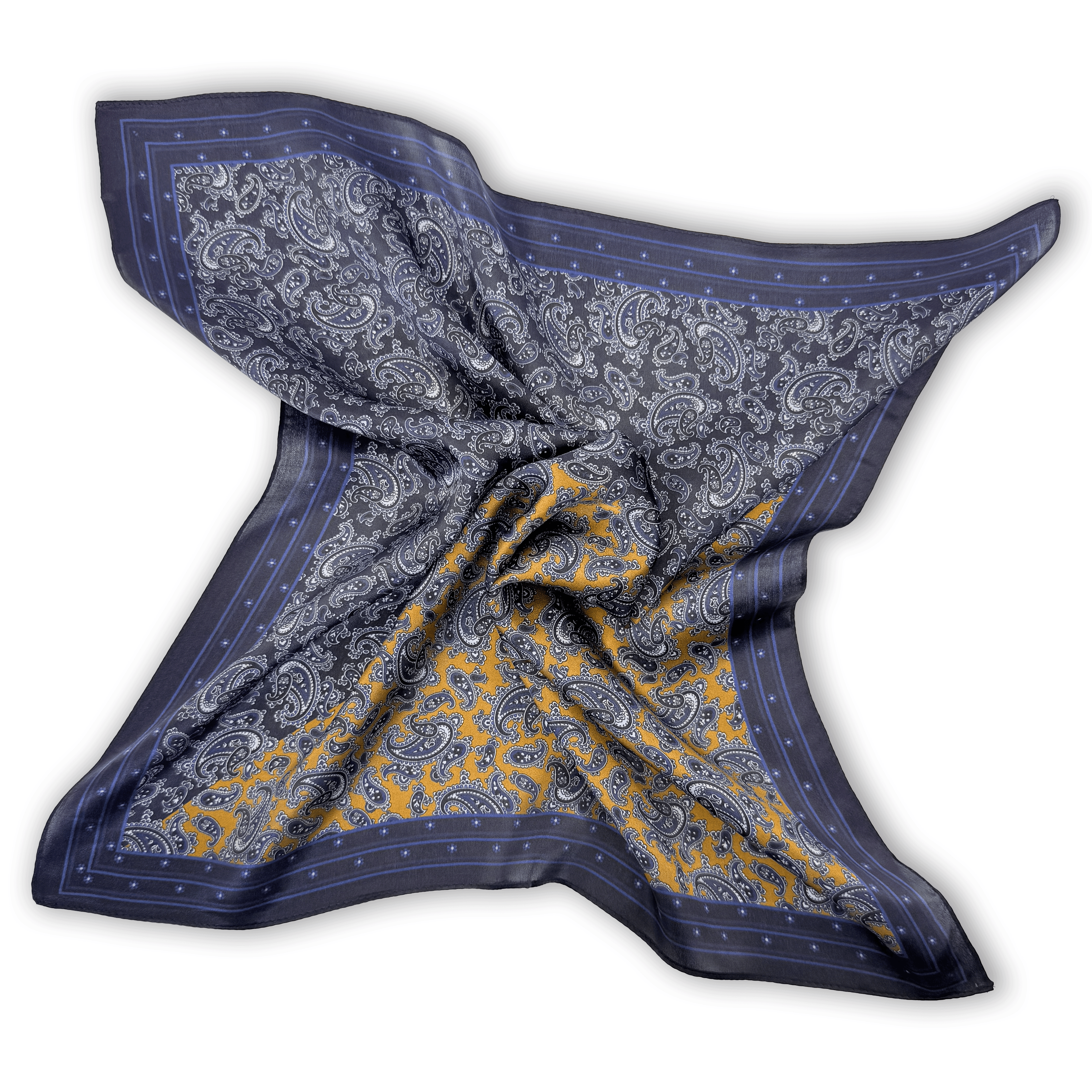 Klassisches Seiden-Carré mit Paisley- und Sternenmuster im gelb-marineblauen Colorblocking