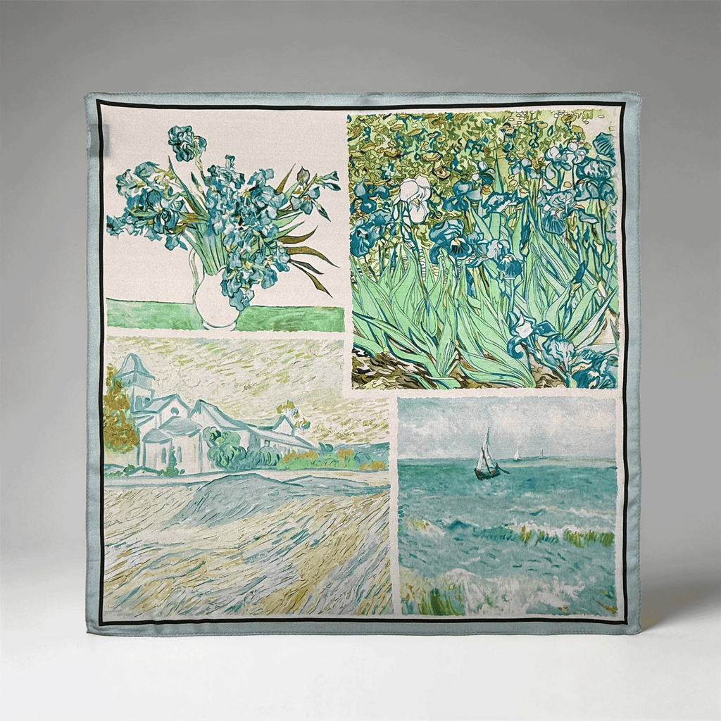 Meisterwerke der Malerei Seidencarré mit postimpressionistischem Patchwork in Blau und Grün