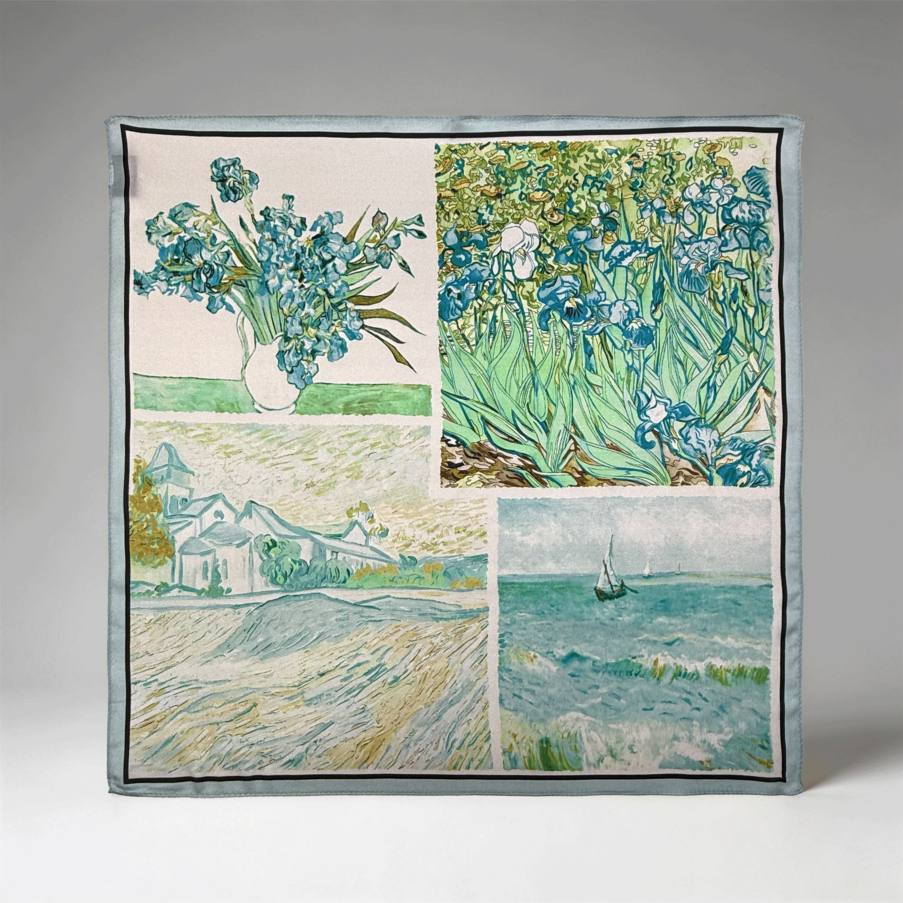 Meisterwerke der Malerei Seidencarré mit postimpressionistischem Patchwork in Blau und Grün
