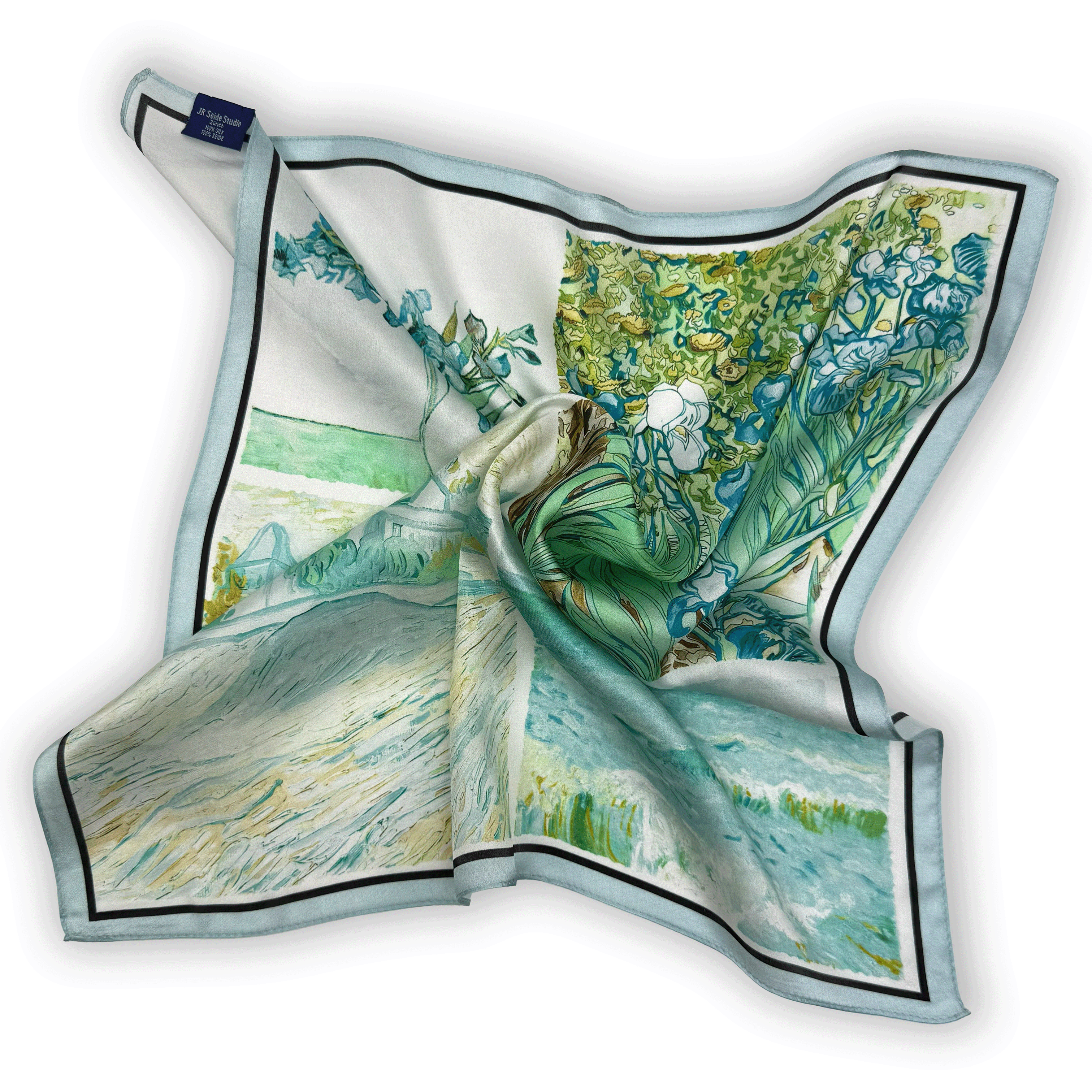 Meisterwerke der Malerei Seidencarré mit postimpressionistischem Patchwork in Blau und Grün