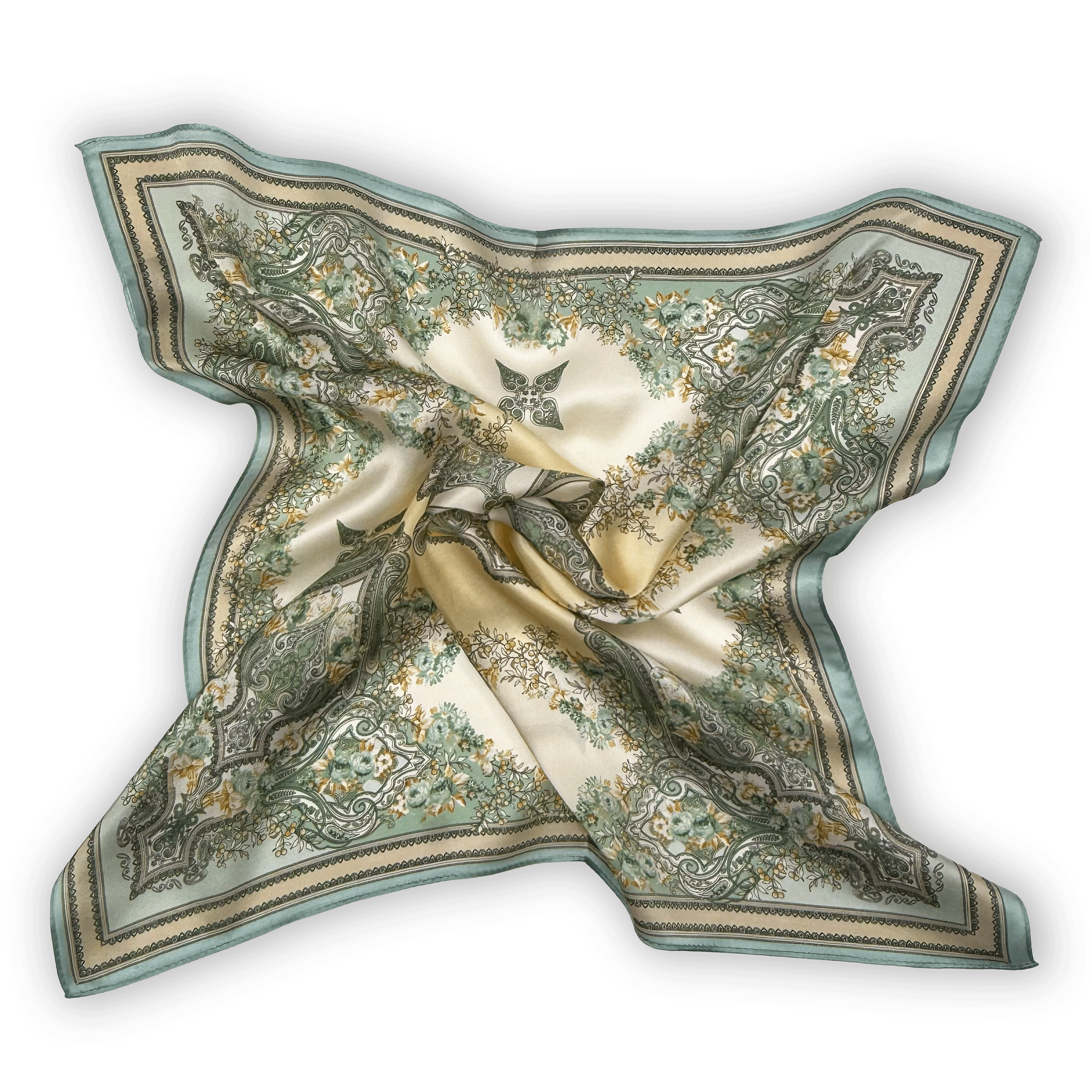 Klassisches Seidencarré mit symmetrischem floralem Ornament in Mintgrün