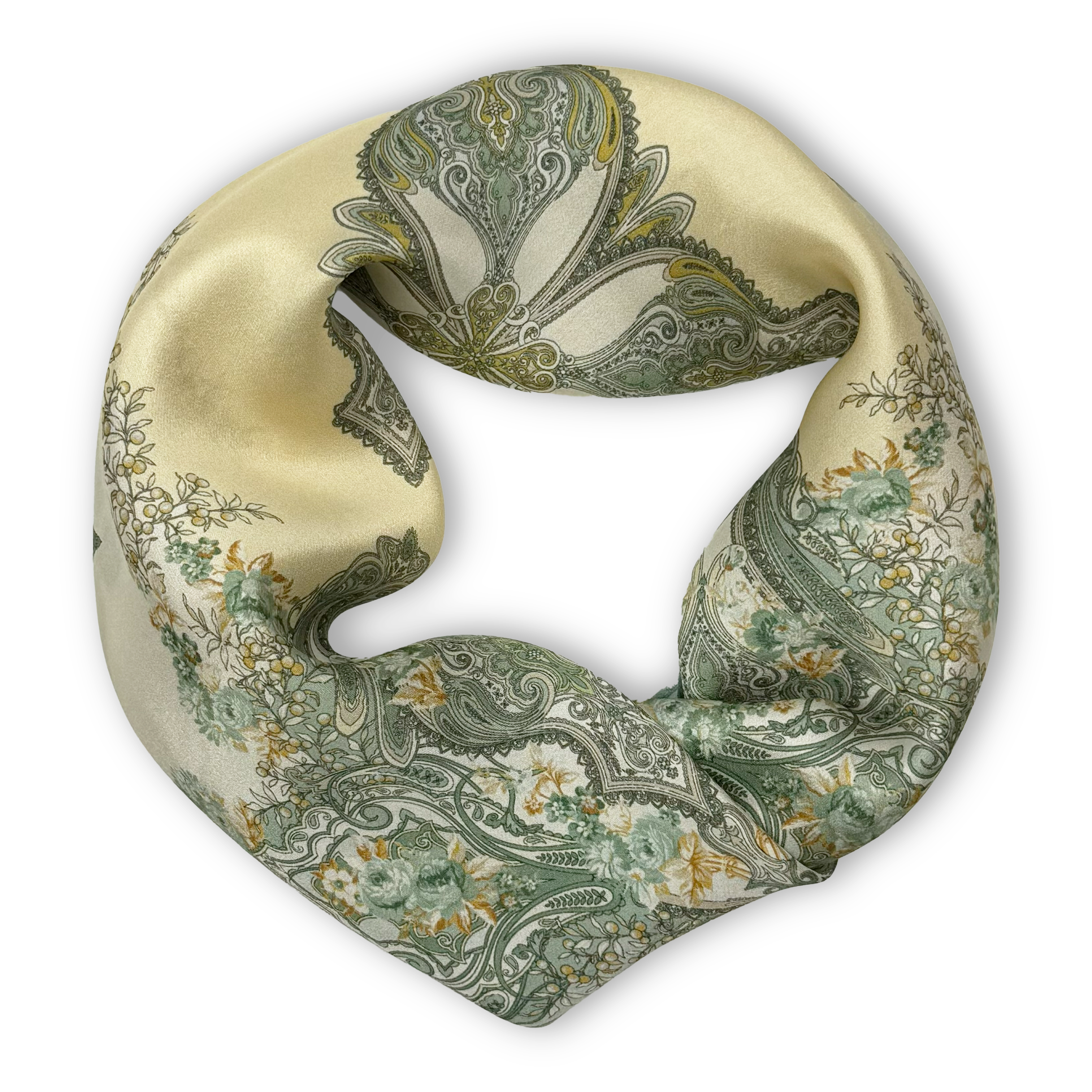 Klassisches Seidencarré mit symmetrischem floralem Ornament in Mintgrün