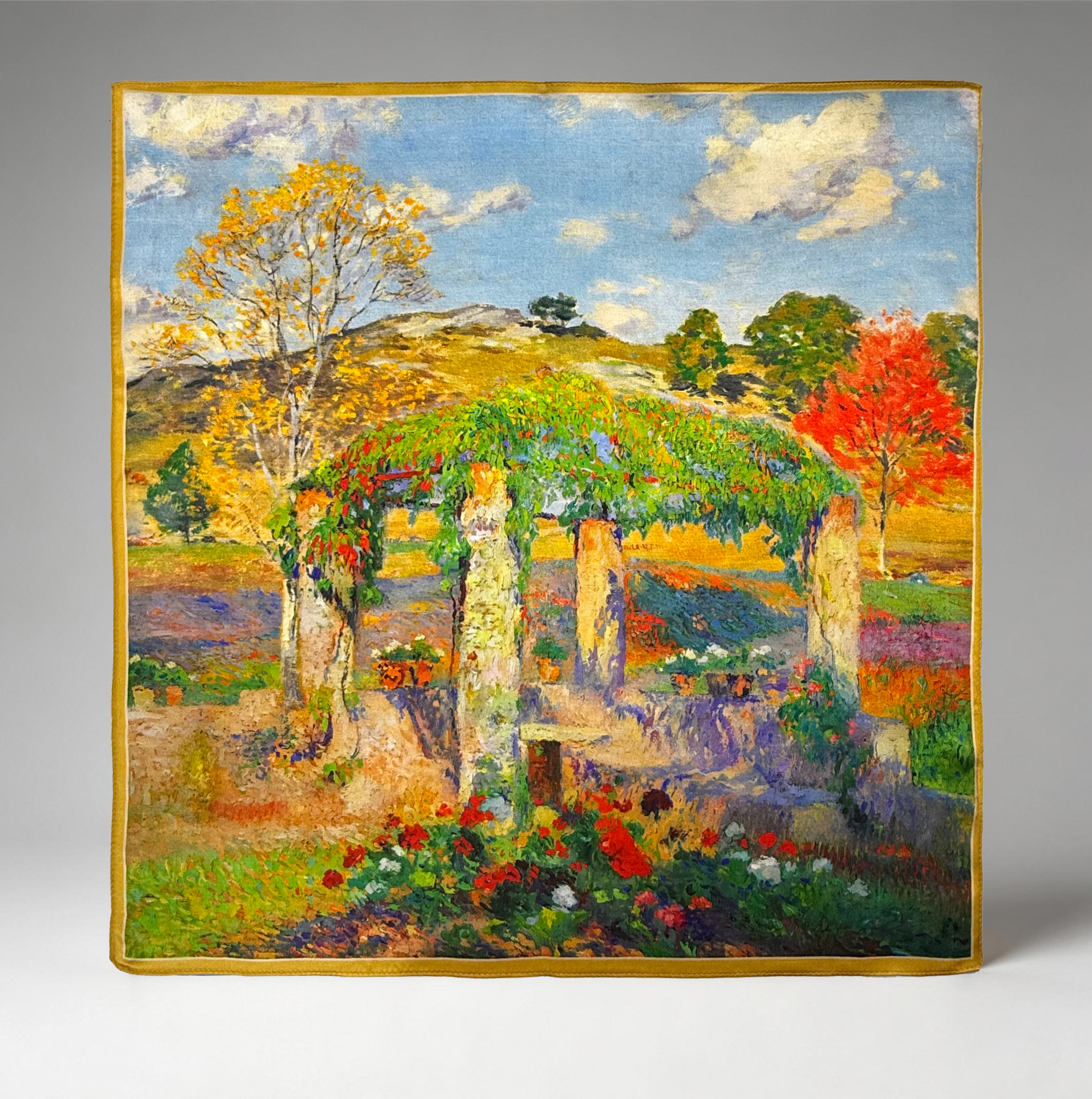 Künstlerisches Seiden-Carré mit impressionistischem Sonnengarten-Motiv