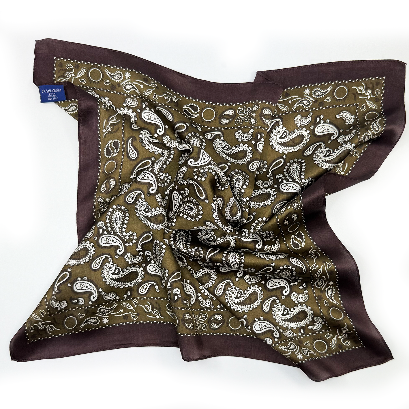 Klassisches Seidenquadrat mit Vintage-Paisleymuster und tiefbraunem Rand