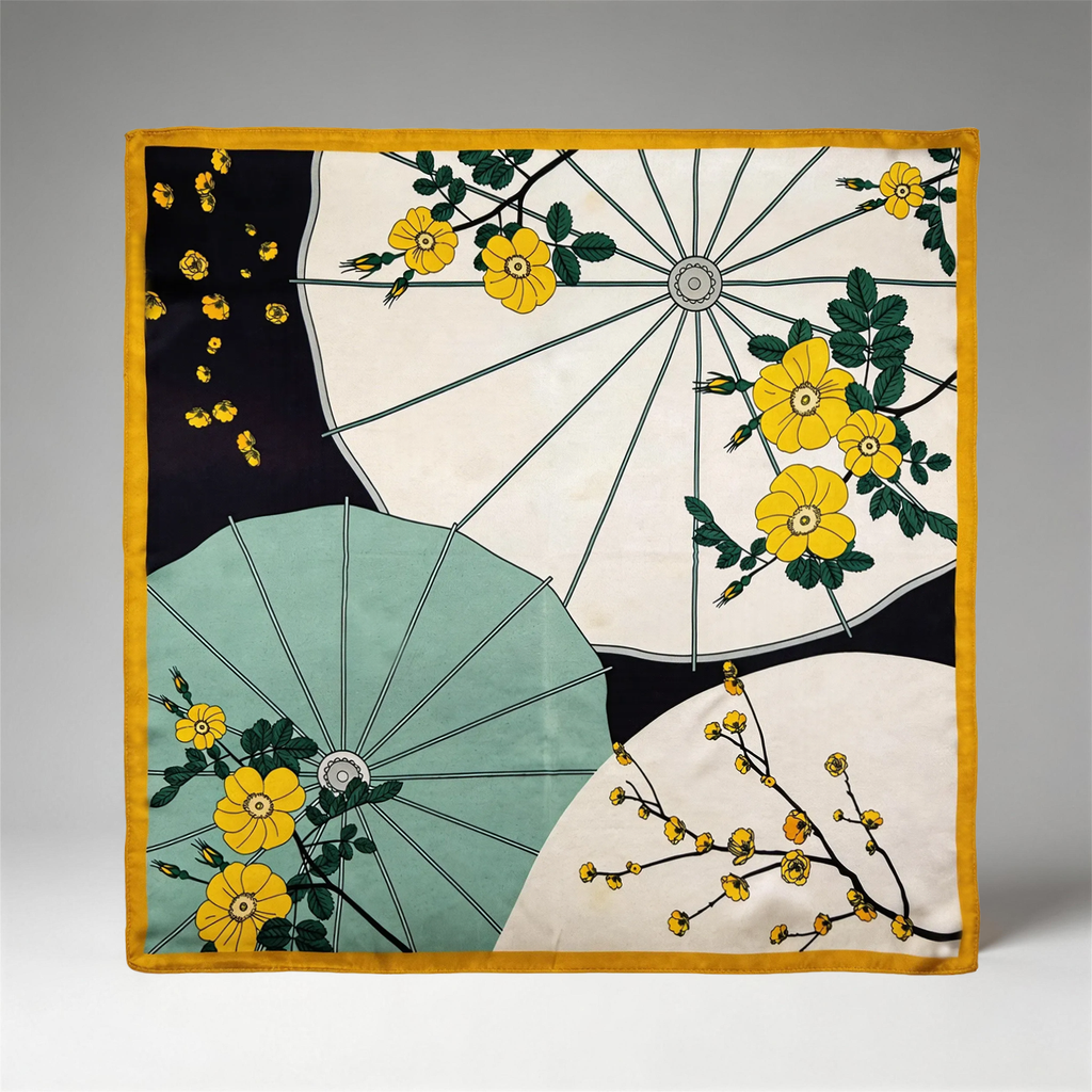 Elegantes Seidenquadrat mit Motiven von orientalischem Ölschirm und gelber Wildrose