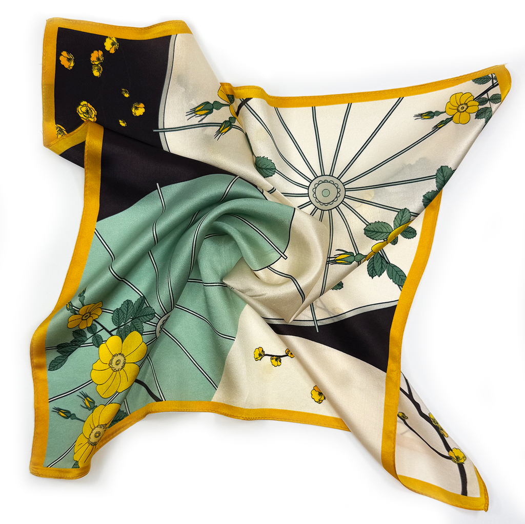 Elegantes Seidenquadrat mit Motiven von orientalischem Ölschirm und gelber Wildrose