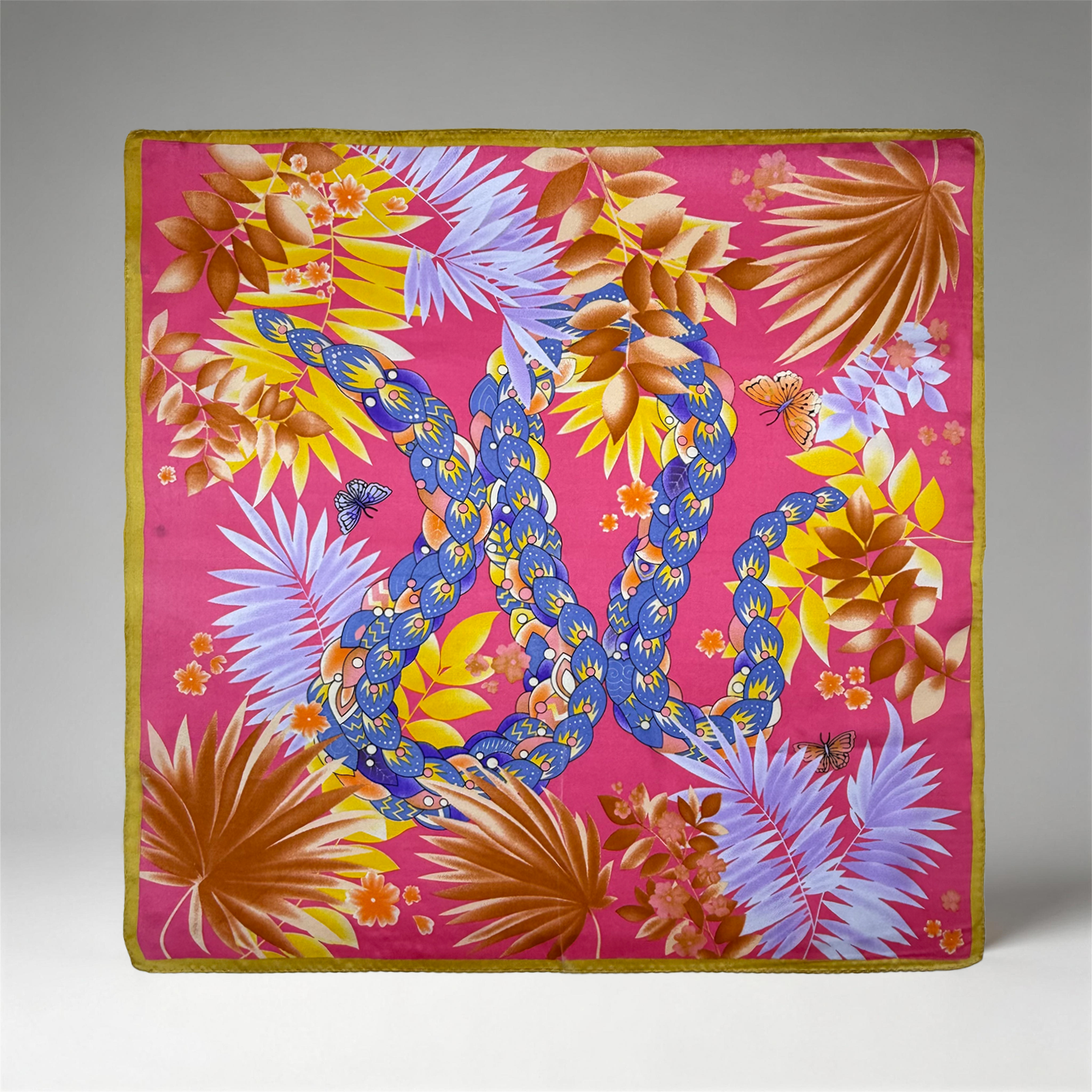 Illustrations-Seidenquadrat mit lebhaftem Schlangenmotiv und tropischen Blumen- und Blattakzenten