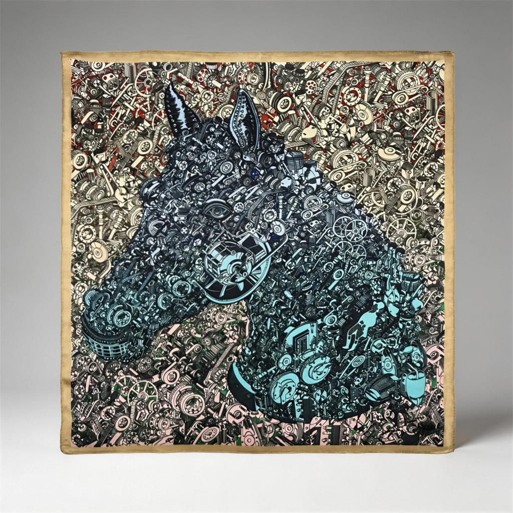 Illustrations-Seidencarré mit mechanischem Pferde-Motiv und Steampunk-Elementen