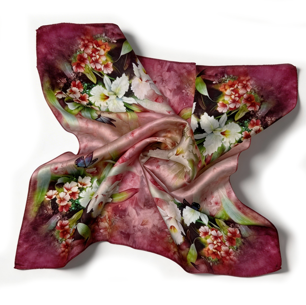 Elegantes Seidentuch mit traumhaftem Aquarell-Blumen- und Schmetterlingsmotiv