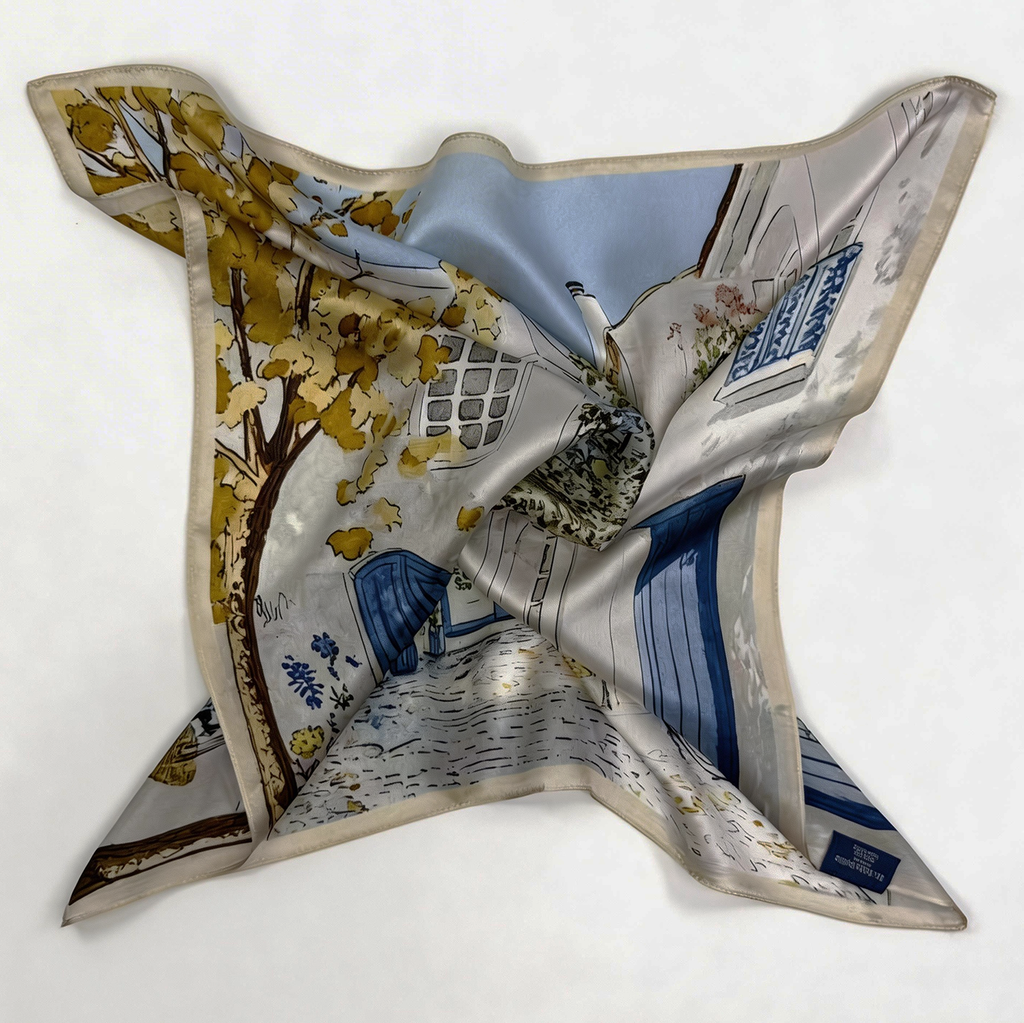 Seiden-Carré der Illustrations-Serie: Südfranzösischer Hinterhof mit goldenem Baum