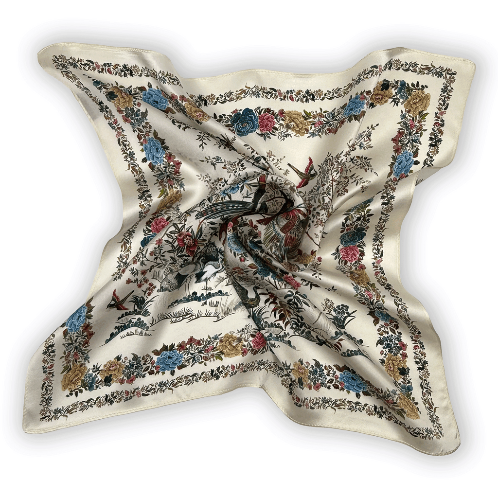 Elegantes Seidentuch mit nostalgischem Blumen- und Vogelmotiv