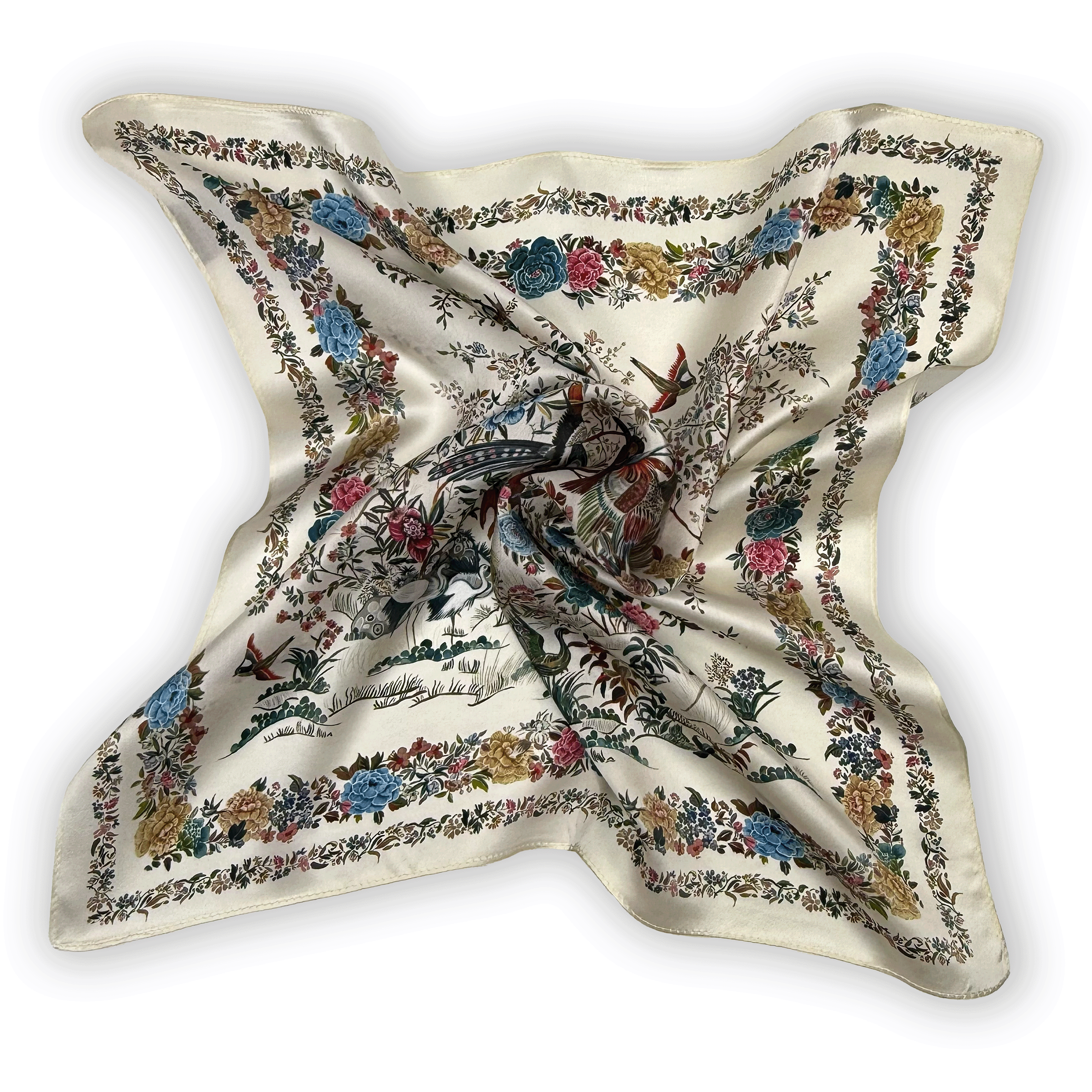 Elegantes Seidentuch mit nostalgischem Blumen- und Vogelmotiv