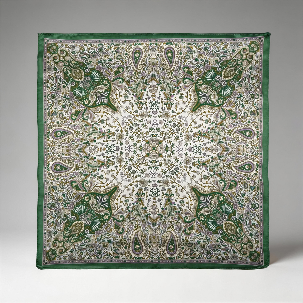 Klassisches Seidencarré mit floralem Paisley-Muster in Smaragdgrün und Violett