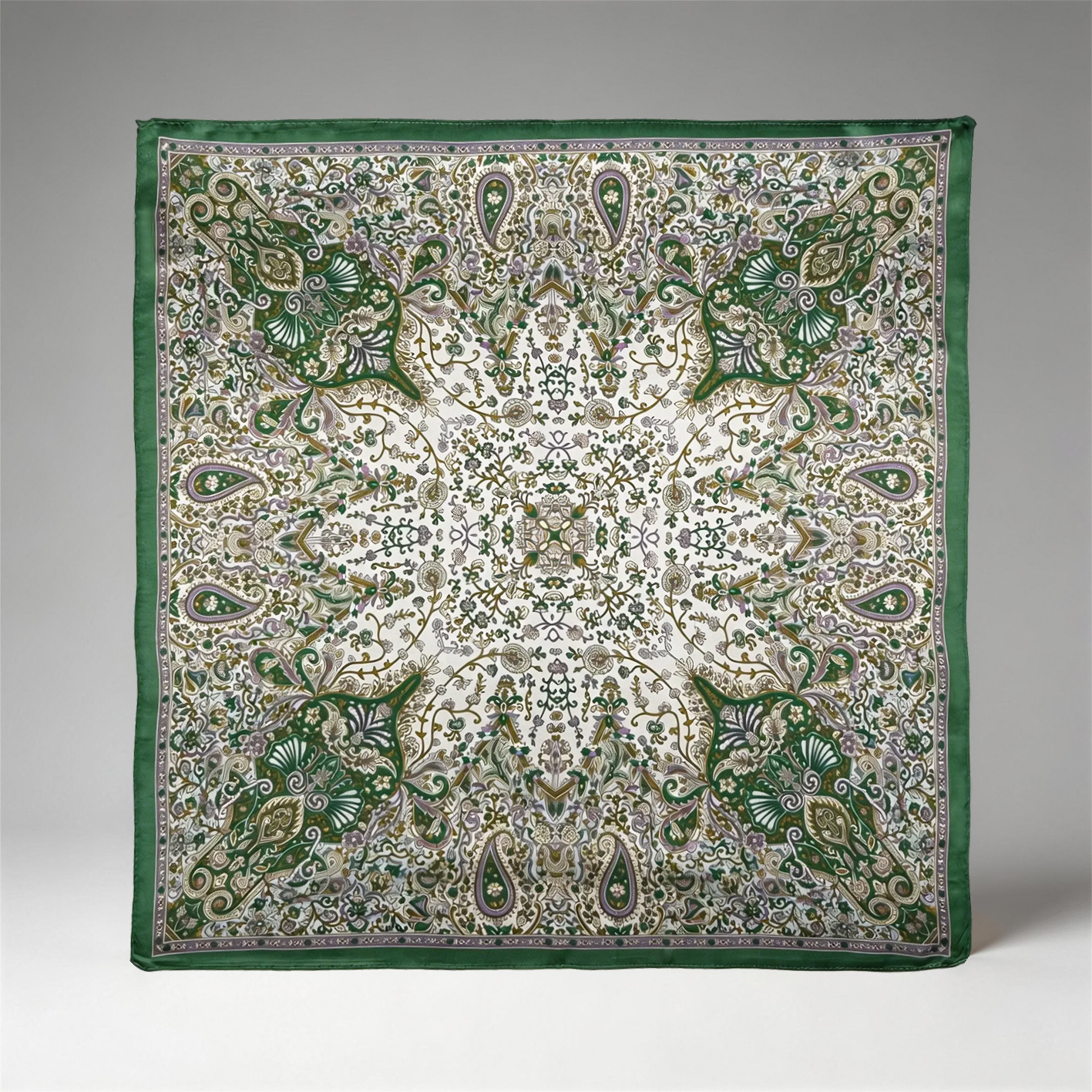 Klassisches Seidencarré mit floralem Paisley-Muster in Smaragdgrün und Violett