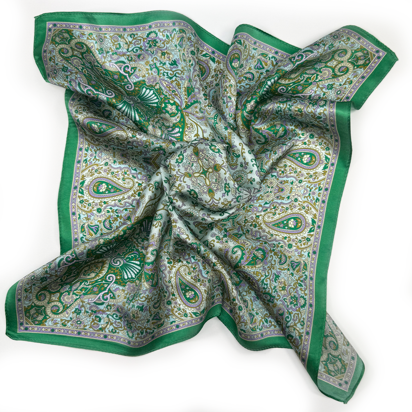 Klassisches Seidencarré mit floralem Paisley-Muster in Smaragdgrün und Violett