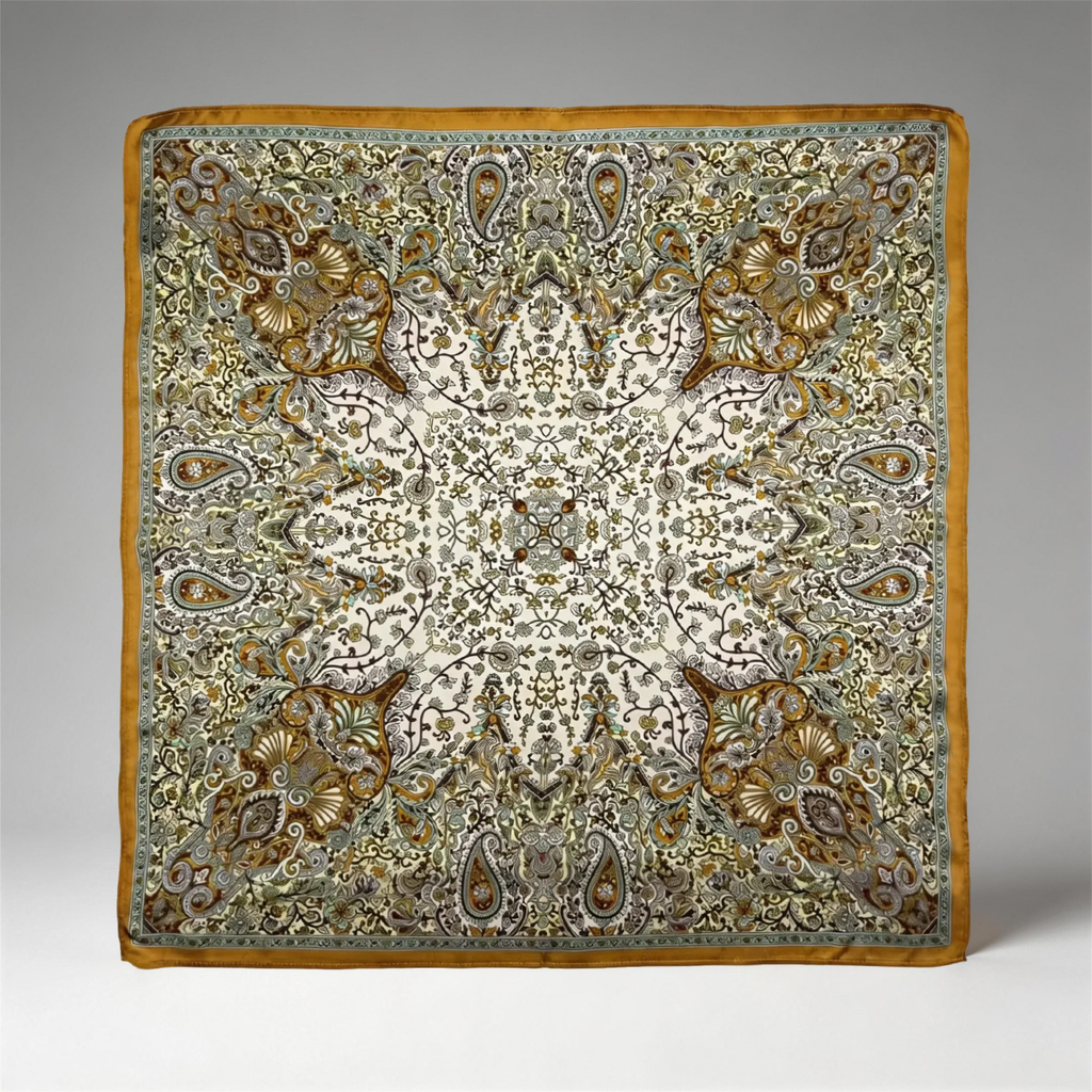 Klassisches Seidencarré mit opulentem Paisley-Ornament in Gold und Crème